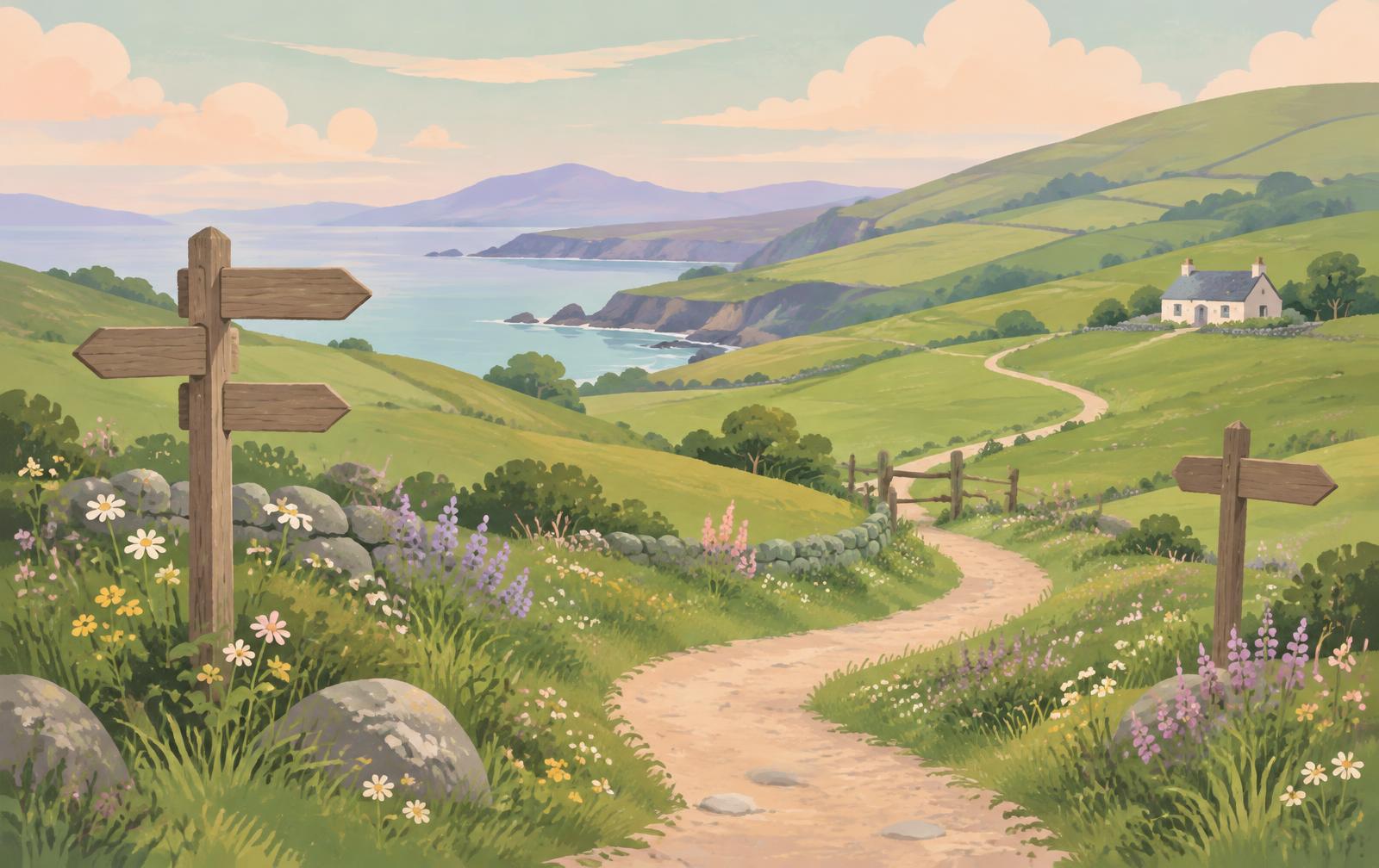 Illustrated winding path through green Irish hills with wooden signposts